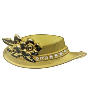 Vintage Tona Hat Brooch Pin Gold Tone Rhinestone And Flowers with Gift Box